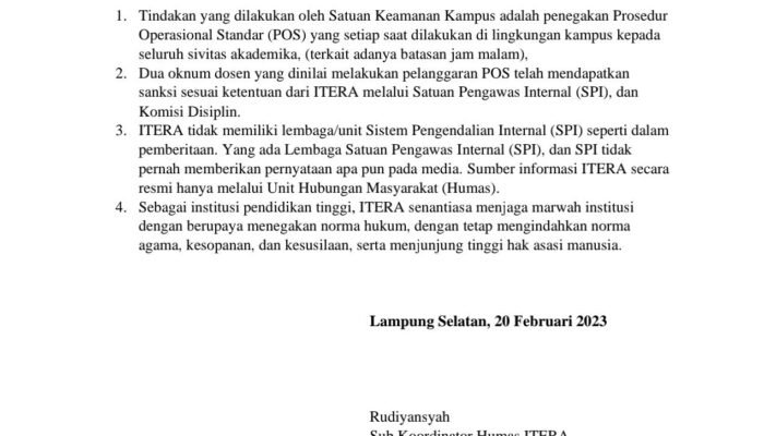 Hak Jawab Institut Teknologi Sumatera (ITERA) Perihal Pemberitaan Yang Beredar Di Media