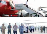 Kapolda Lampung bersama Pj. Gubernur Samsudin Sambut Kedatangan Presiden Joko Widodo di Bandara Raden Intan II dalam Rangka Peresmian Tiga Proyek Strategis Nasional