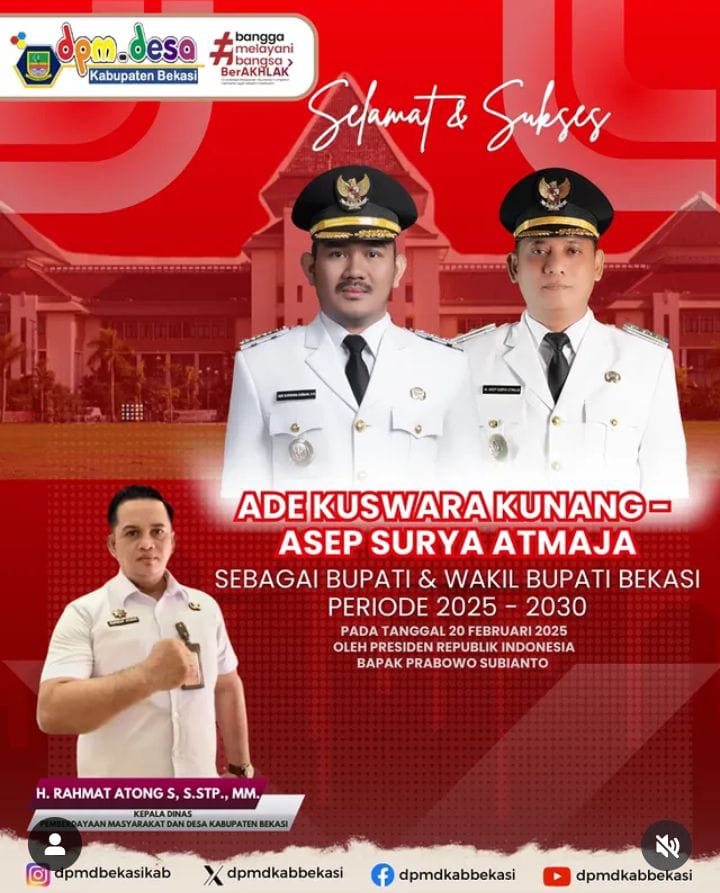 H. Rahmat Atong S.S.STP. Kepala Dinas Pemberdayaan  Masyarakat Dan Desa Kabupaten Bekasi Mengucapkan Selamat Dan Sukses Kepada Bupati Dan Wakil Bupati Ade Kuswara Kunang.SH. Dan Dr. Asep Surya Atmaja