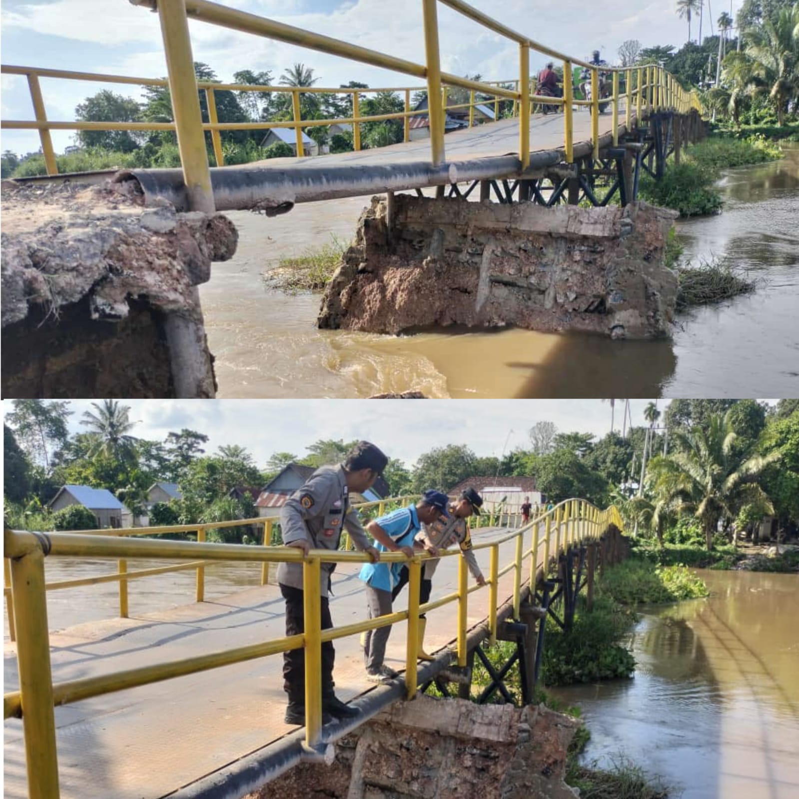 Hati Hati Polsek Rantau Alai Berikan Himbauan Kepada Masyarakat Jembatan PENGHUBUNG Antara Desa Lubuk Rukam dan Desa Muara Kumbang Hampir Putus