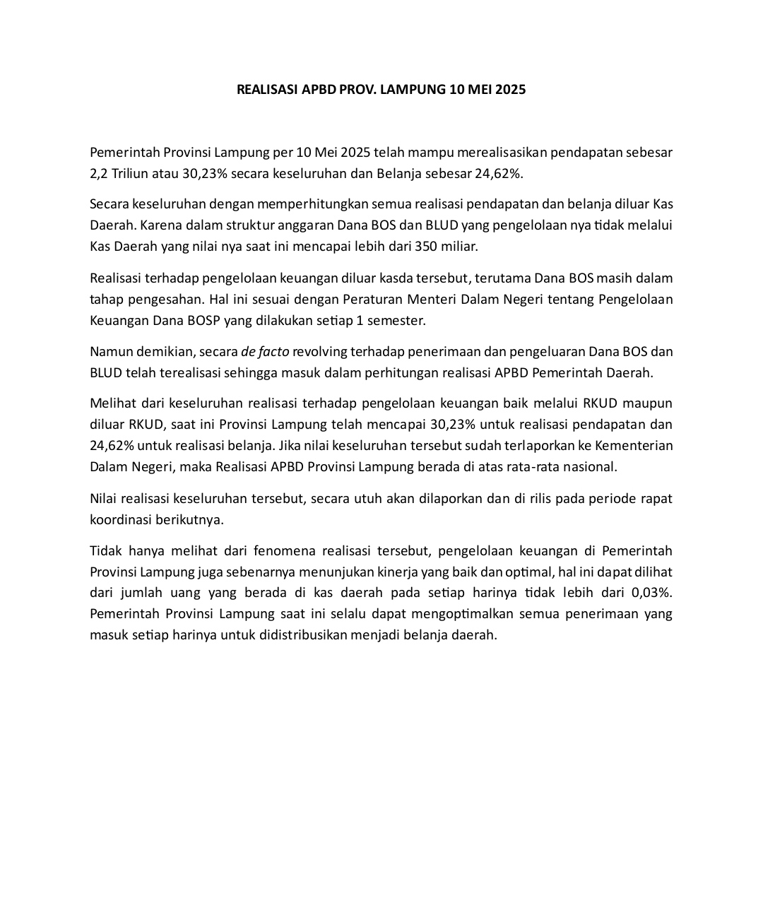 Pemprov Lampung Mampu Realisasikan PAD 2025
