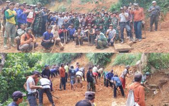 Koramil 424-08/PPG Bersama Warga Bersihkan Jalan Tertimbun Longsor di Air Kubang, Tanggamus