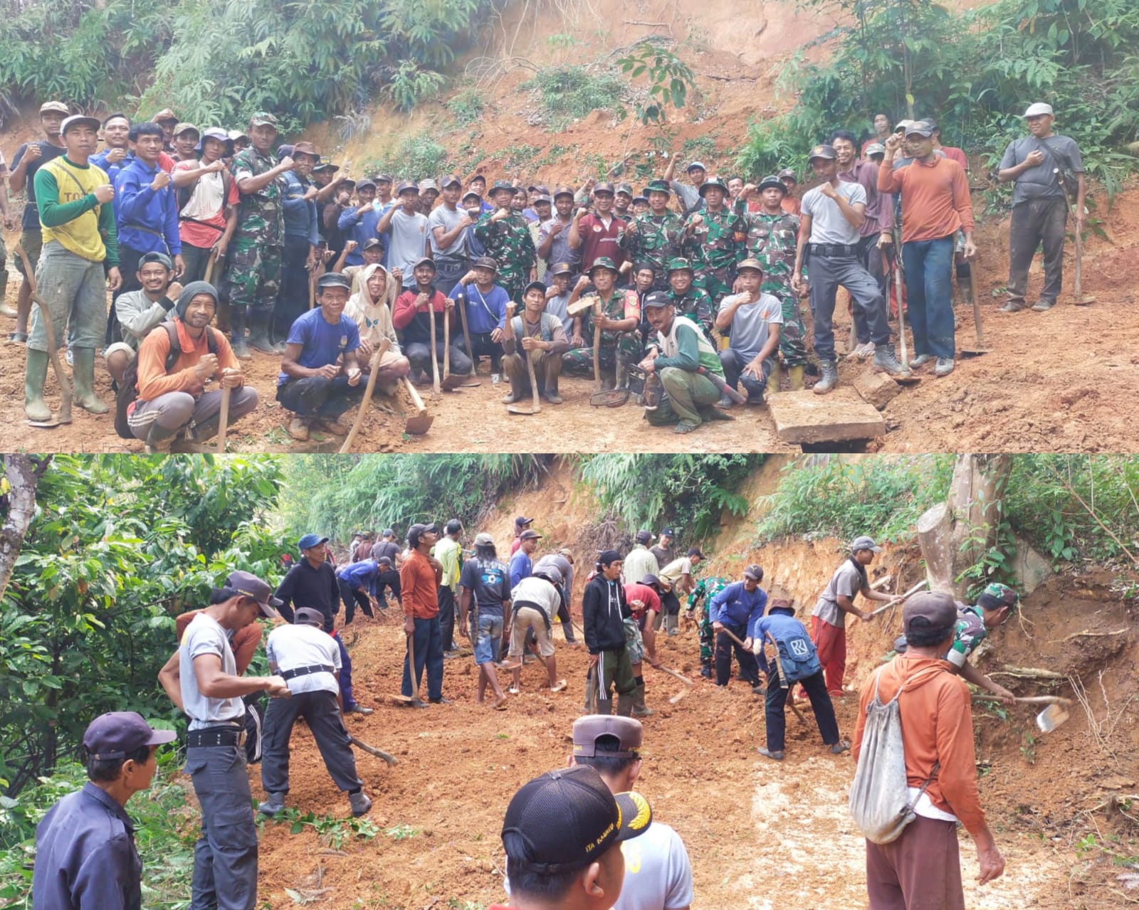 Koramil 424-08/PPG Bersama Warga Bersihkan Jalan Tertimbun Longsor di Air Kubang, Tanggamus