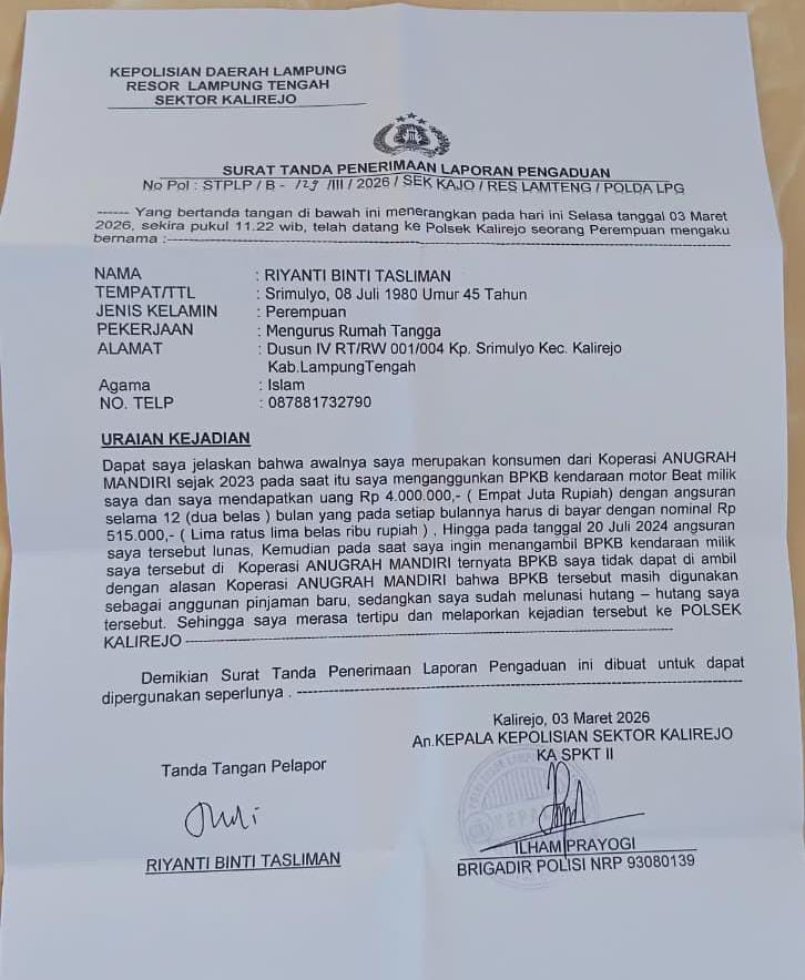 Nasabah Koperasi Anugerah Mandiri Lapor Polisi, Tuduh Koperasi Tahan Agunan 2 Tahun Hingga Penyebab Stroke