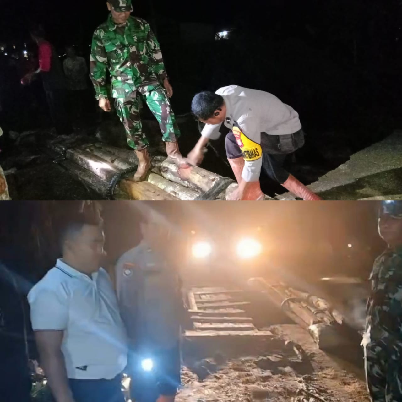 Polsek Pulau Panggung Bersama TNI dan Warga Pasang Jembatan Sementara di Sirnagalih Ulubelu
