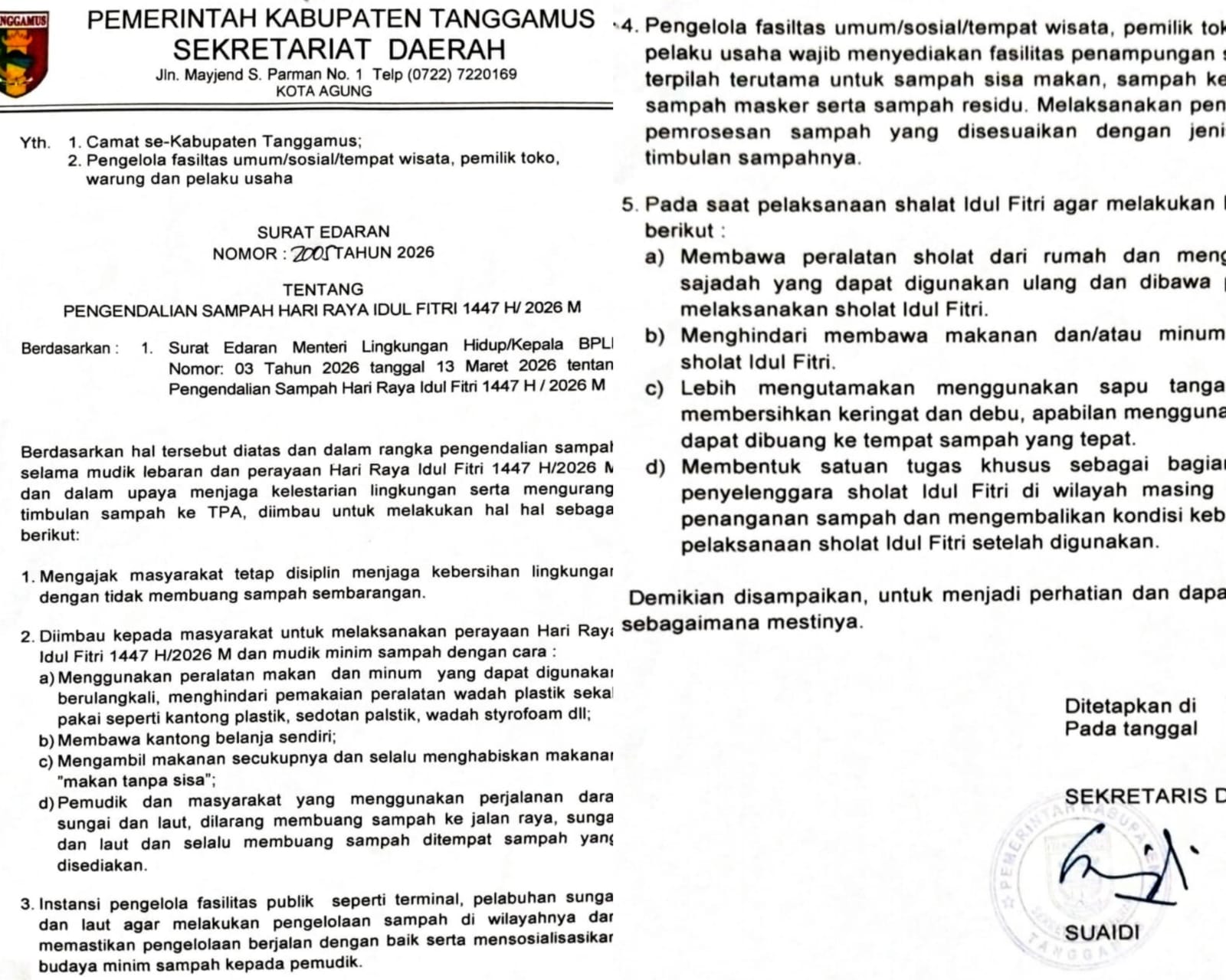 Jelang Lebaran, Pemkab Tanggamus Terbitkan Edaran Pengendalian Sampah, Implementasi Jadi Sorotan