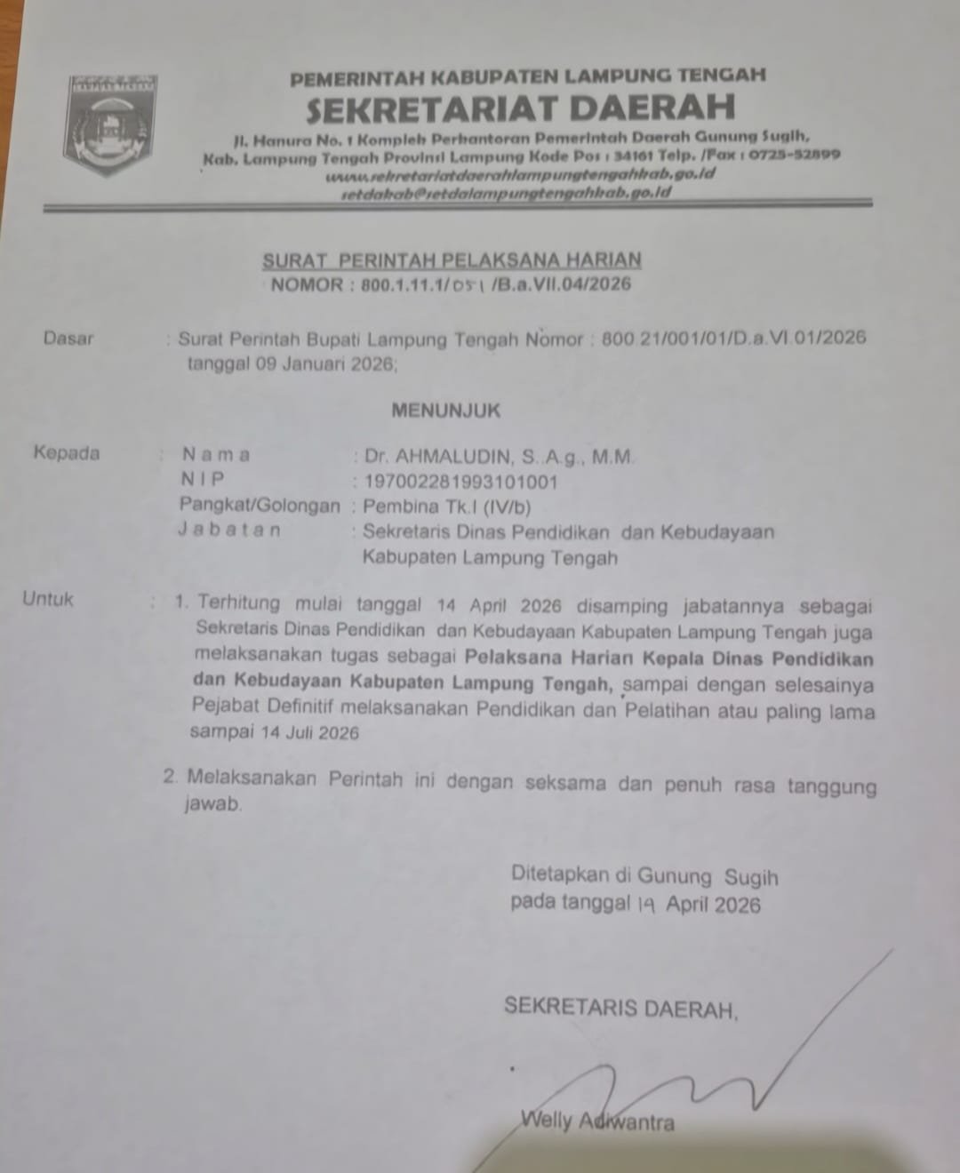 Kadisdik Lamteng Diganti, Ketua LSM LPAB Menduga Prosesnya Menyalahi Aturan dan Cacat Hukum.