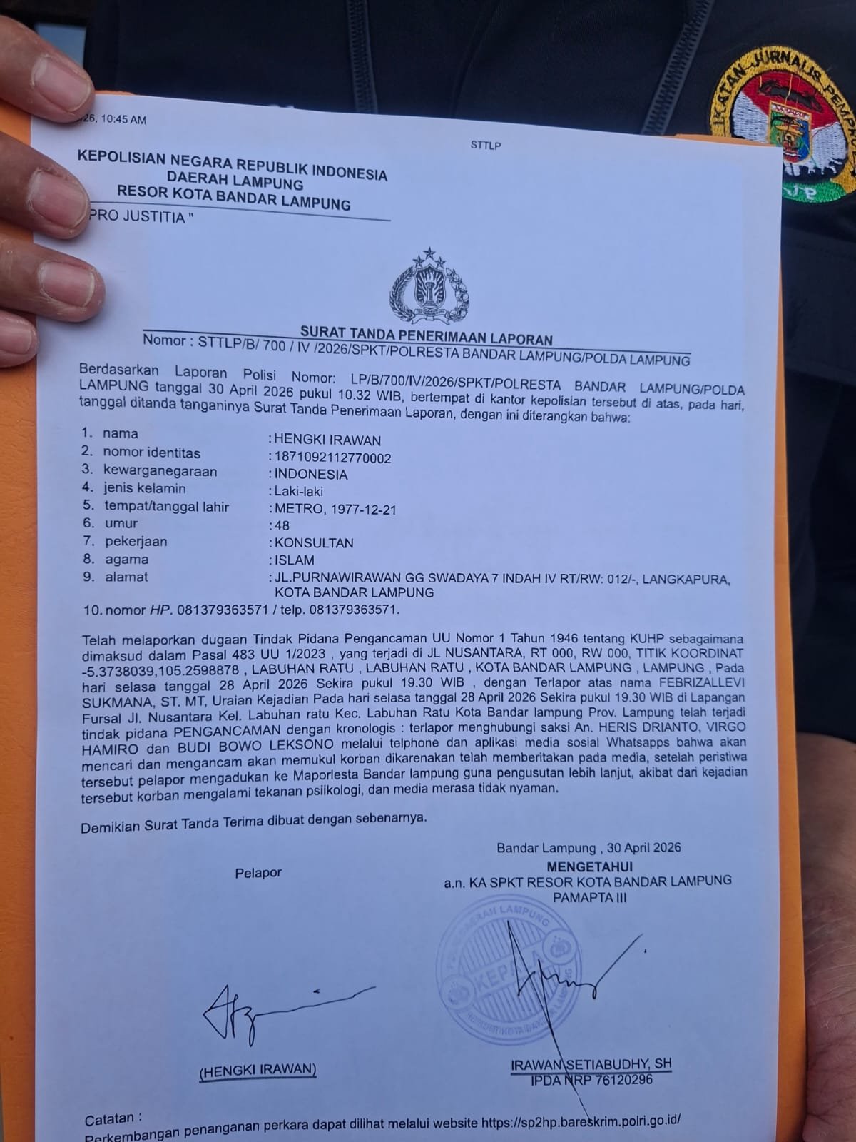 Polisi Terbitkan STTLP, Laporan Dugaan Ancaman Terhadap Wartawan di Lampung Resmi Diproses