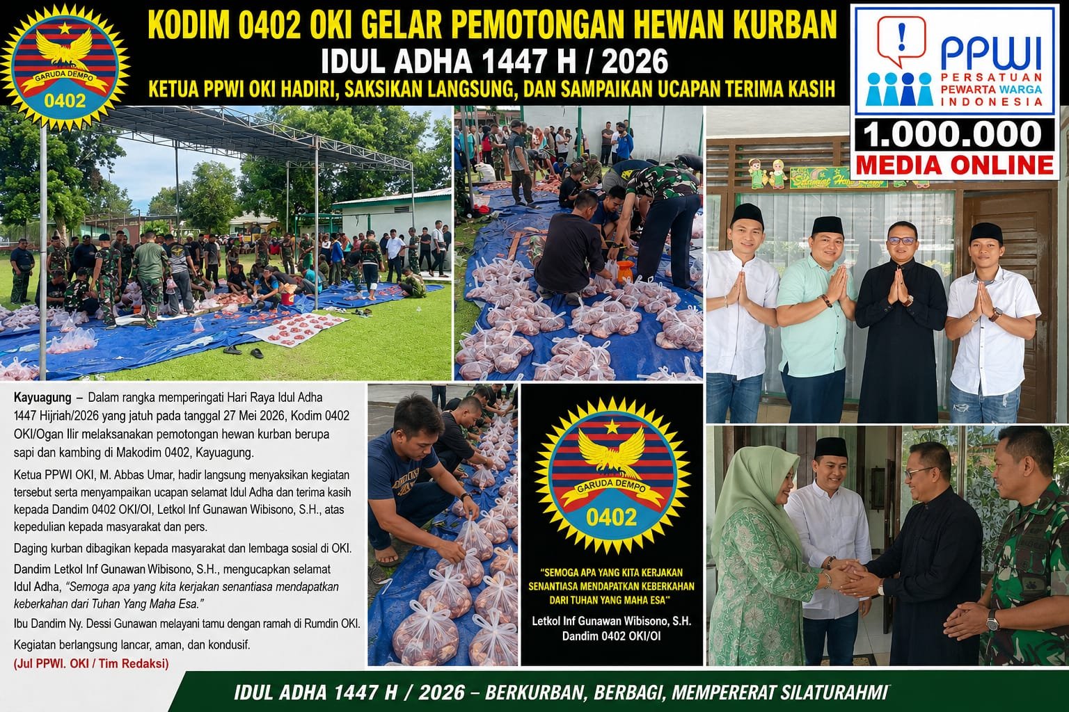 Kodim 0402 OKI Gelar Pemotongan Hewan Kurban Idul Adha 1447 H/2026 – Ketua PPWI OKI Hadiri, Saksikan Langsung, dan Sampaikan Ucapan Terima Kasih