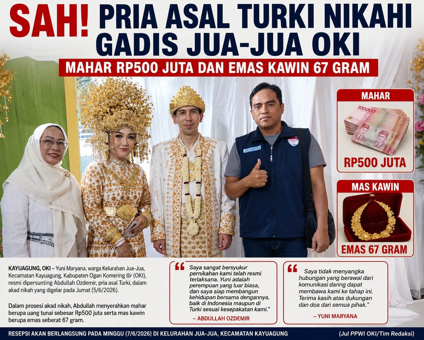 SAH! Pria Asal Turki Nikahi Gadis Jua-Jua OKI, Mahar Rp500 Juta dan Emas 67 Gram