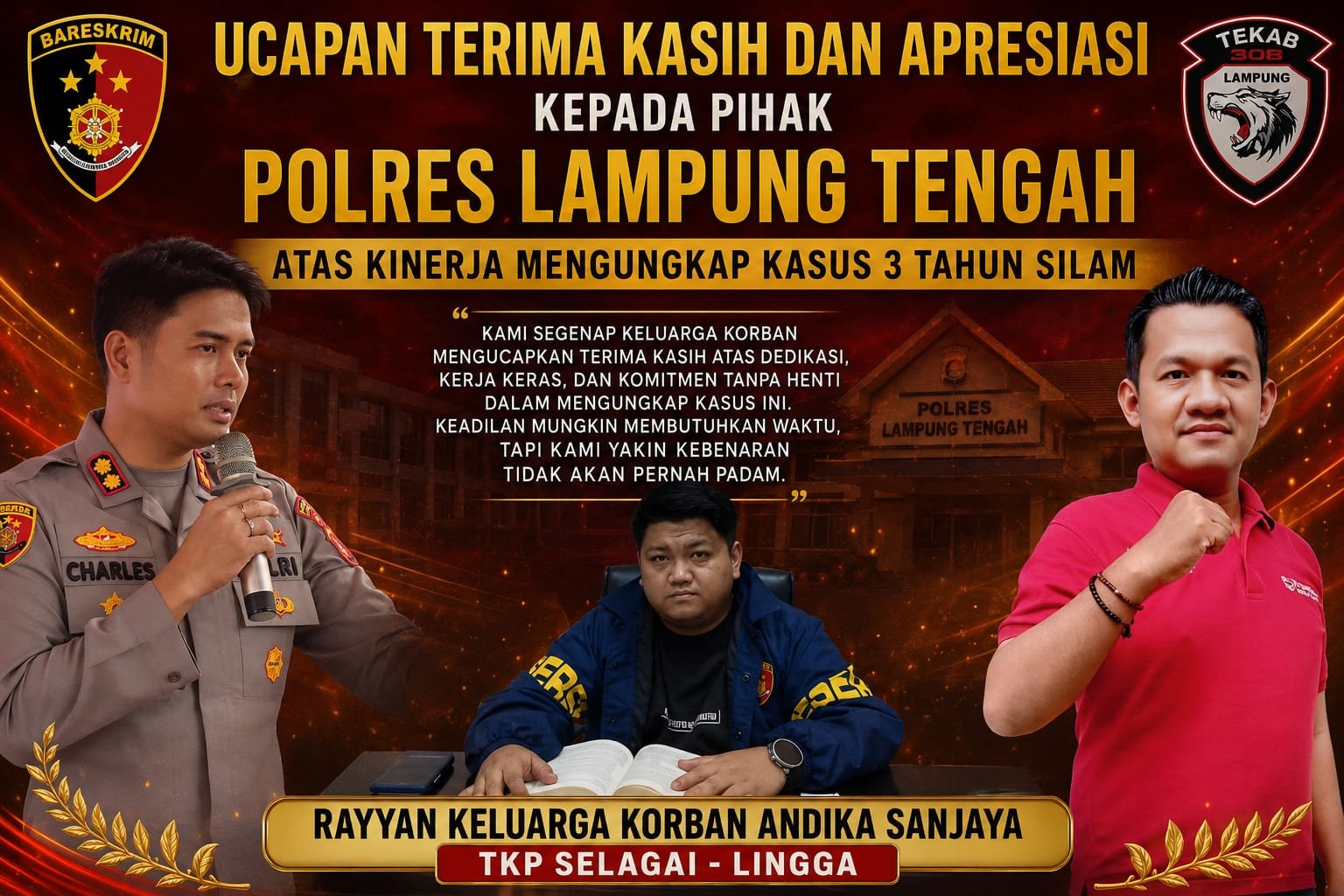 Perwakilan Keluarga Korban Apresiasi Kinerja Polres Lampung Tengah Dalam Penanganan Kasus Pembunuhan Andika Sanjaya