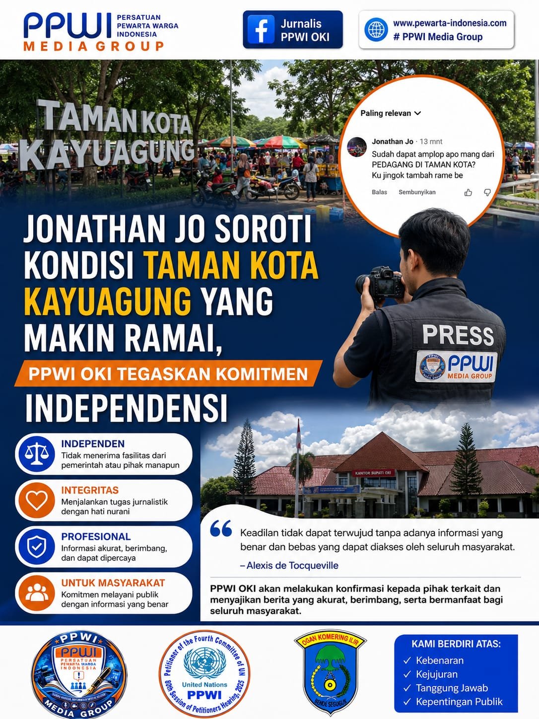 Jonathan Jo Soroti Kondisi Taman Kota Kayuagung yang Makin Ramai, PPWI OKI Tegaskan Komitmen Independensi