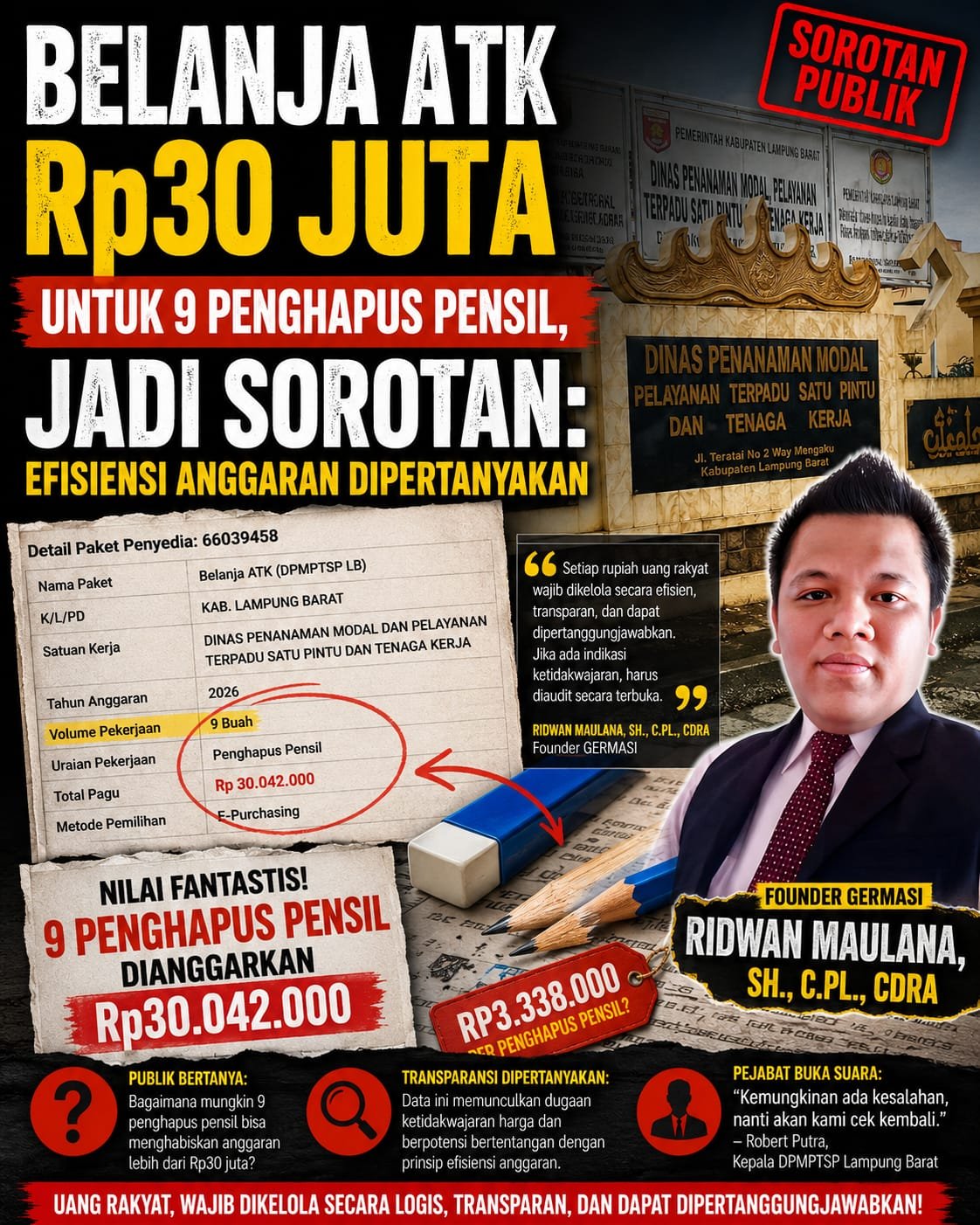 Heboh! Belanja 9 Penghapus Pensil Rp. 30 Juta di Lampung Barat, Publik Pertanyakan Akal Sehat Pengelolaan Anggaran