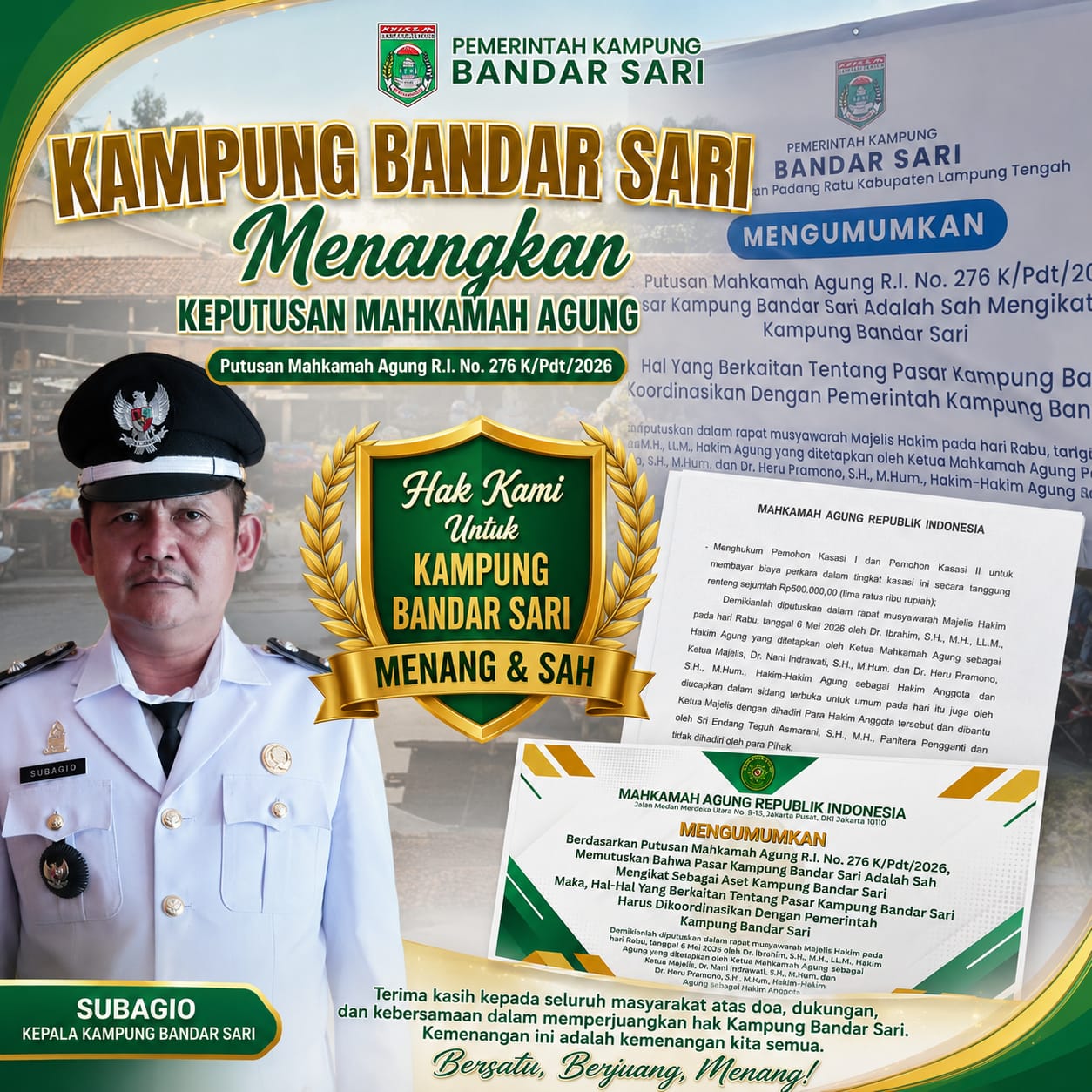 Puji Syukur, Kampung Bandar Sari Menangkan Sengketa Pasar Bandar Sari Melalui Putusan Mahkamah Agung Nomor 276 K/Pdt/2026