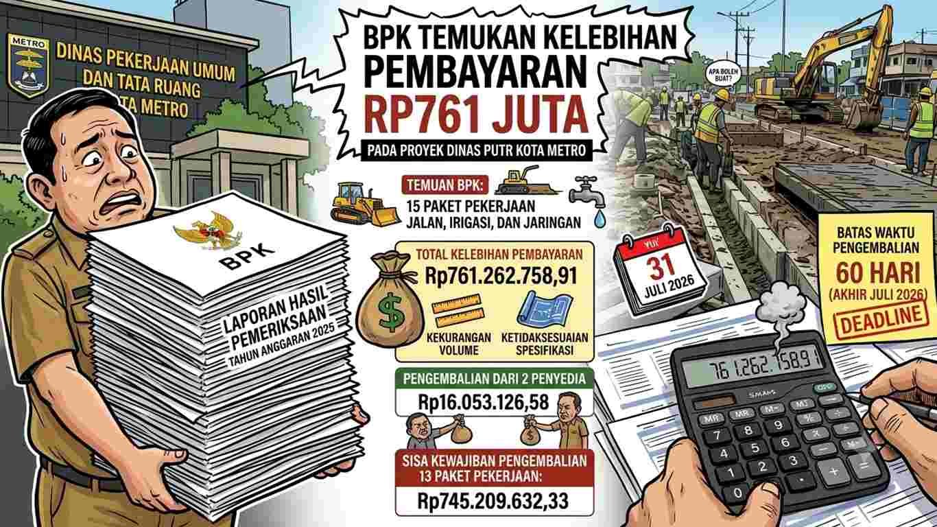 BPK Temukan Kelebihan Pembayaran Rp761 Juta pada Proyek PUTR Kota Metro Tahun Anggaran 2025