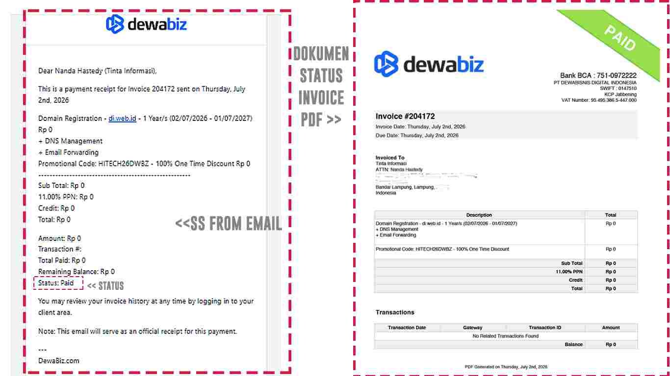 Kupon Domain HITECH 2026 Lolos Checkout, DewaBiz Batalkan Registrasi domain Setelah Invoice PAID