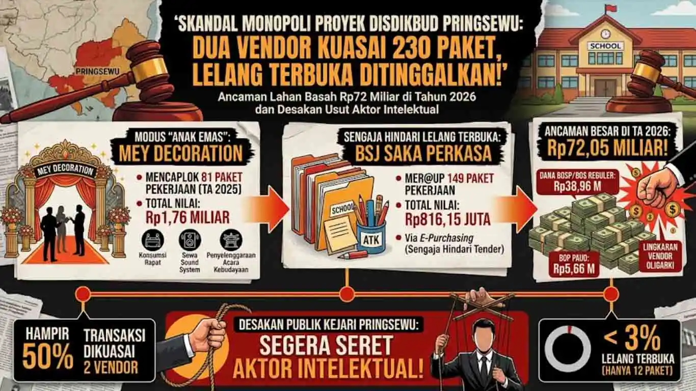 Infografis Dugaan Monopoli Proyek Disdikbud Pringsewu: Dua Vendor Kuasai 230 Paket, Publik Desak Bongkar Aktor Intelektual
