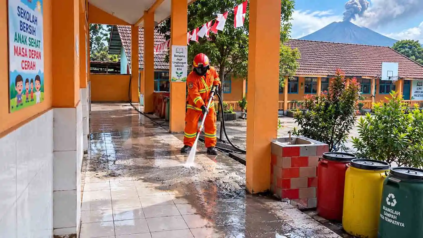 Damkar Tanggamus Semprot Sejumlah Fasilitas Terdampak Abu Vulkanik