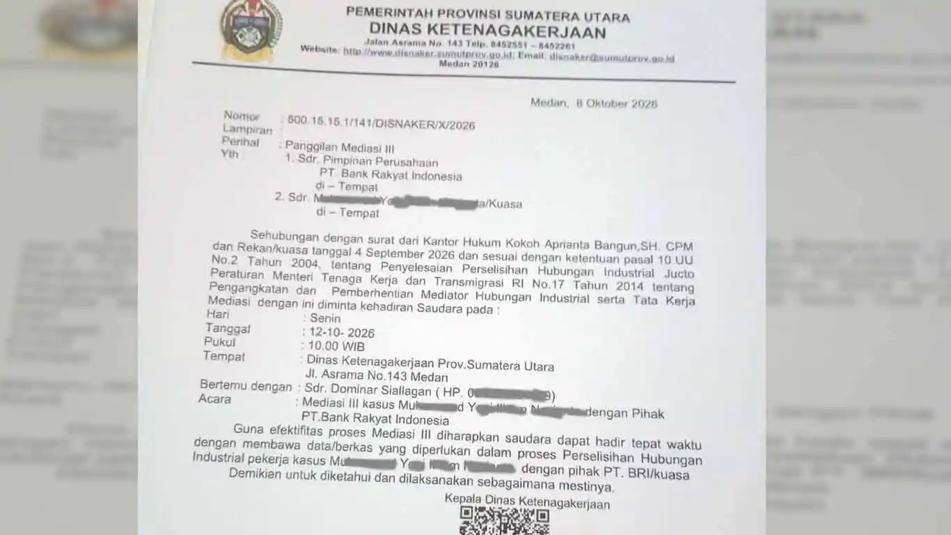Disnaker Sumut Mediasi Eks Karyawan dengan BRI Kanwil Sumut Terkait PHK