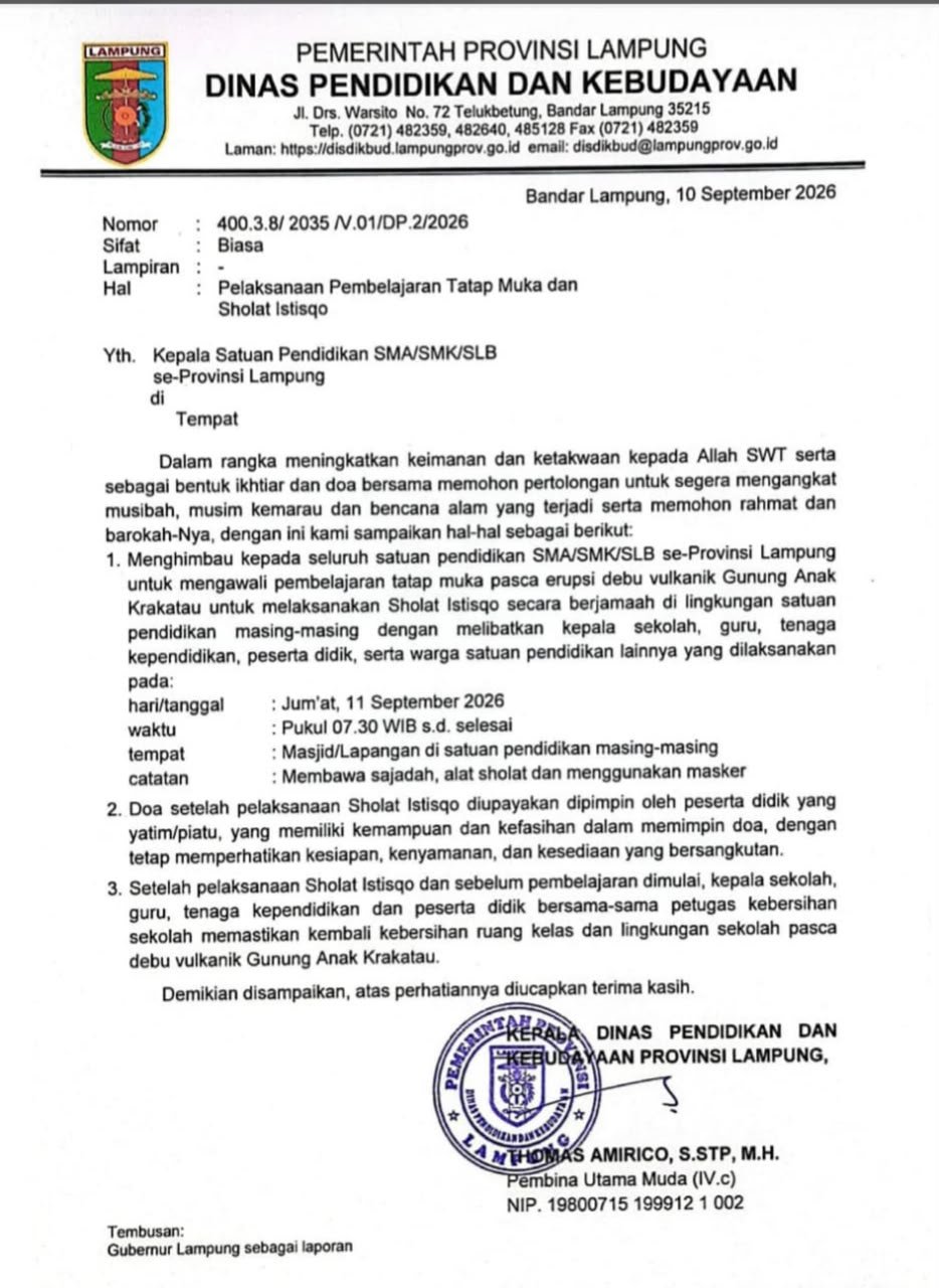 Disdikbud Lampung Imbau Sekolah Gelar Sholat Istisqo